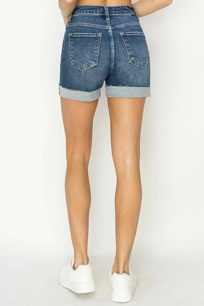 RISEN High Rise Cuffed Denim Shorts - VILLA FASHION
