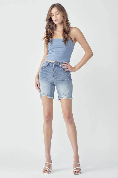 RISEN High Rise Distressed Denim Shorts - VILLA FASHION