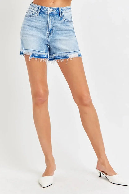 RISEN High Rise Distressed Hem Denim Shorts - VILLA FASHION