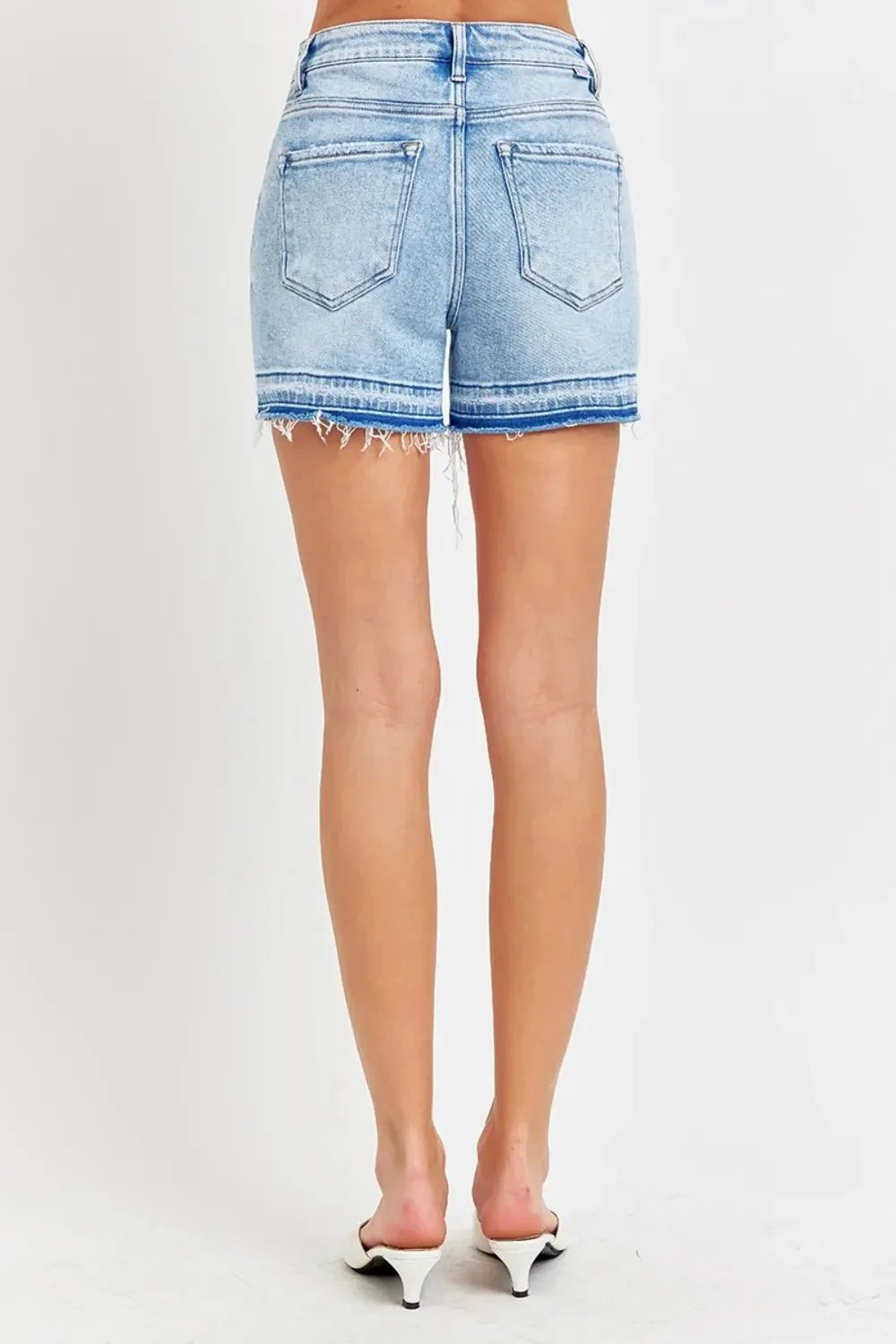 RISEN High Rise Distressed Hem Denim Shorts - VILLA FASHION