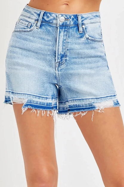 RISEN High Rise Distressed Hem Denim Shorts - VILLA FASHION