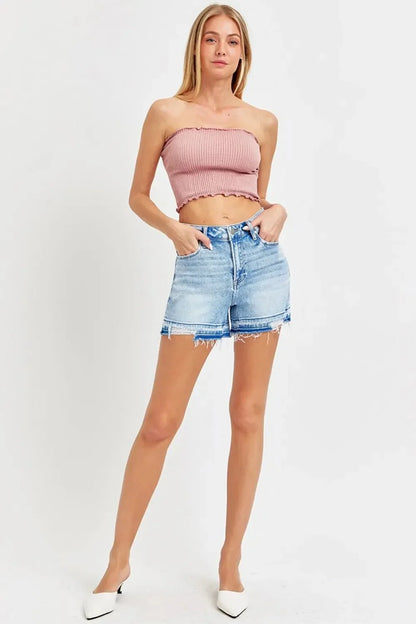 RISEN High Rise Distressed Hem Denim Shorts - VILLA FASHION