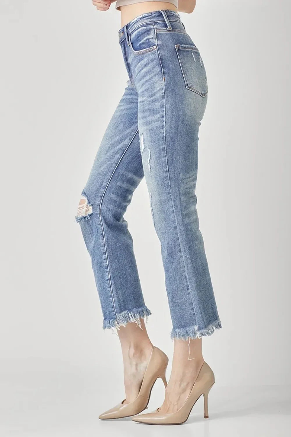 RISEN High Waist Distressed Cropped Bootcut Jeans - VILLA FASHION