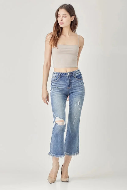 RISEN High Waist Distressed Cropped Bootcut Jeans - VILLA FASHION