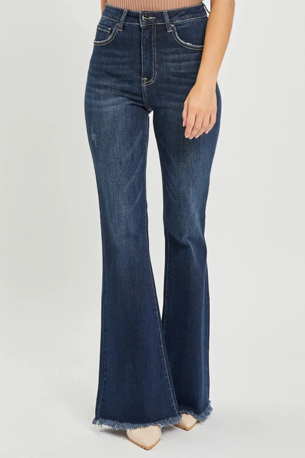 RISEN High Waist Raw Hem Flare Jeans - VILLA FASHION