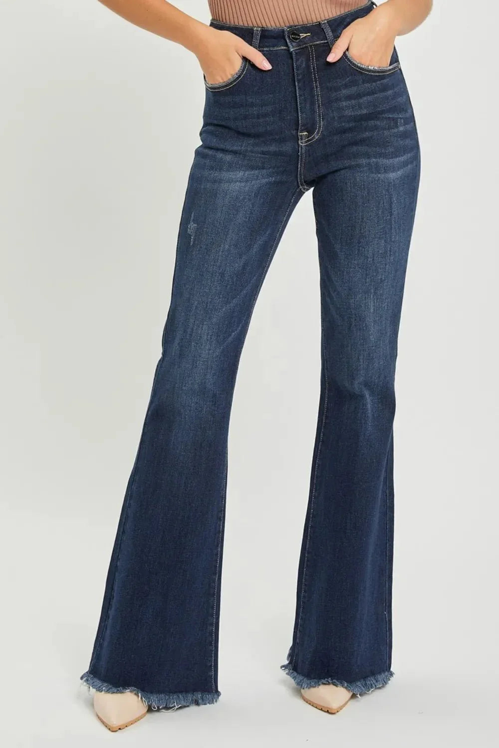 RISEN High Waist Raw Hem Flare Jeans - VILLA FASHION