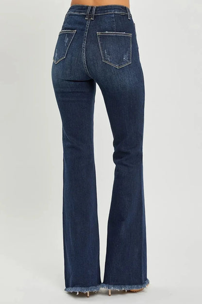 RISEN High Waist Raw Hem Flare Jeans - VILLA FASHION