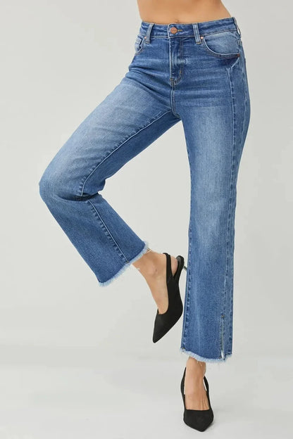 RISEN High Waist Raw Hem Slit Straight Jeans - VILLA FASHION