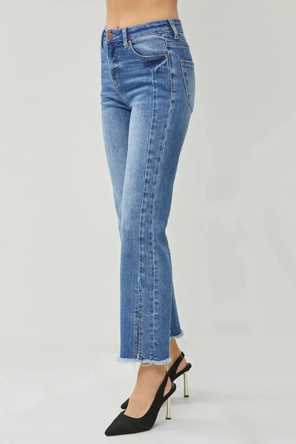 RISEN High Waist Raw Hem Slit Straight Jeans - VILLA FASHION