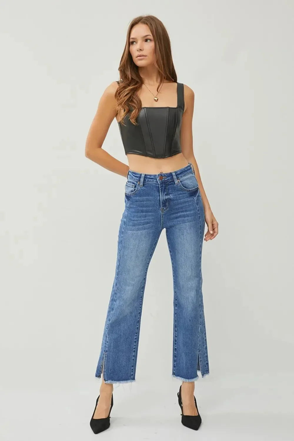 RISEN High Waist Raw Hem Slit Straight Jeans - VILLA FASHION