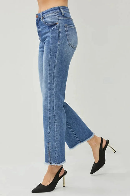 RISEN High Waist Raw Hem Slit Straight Jeans - VILLA FASHION