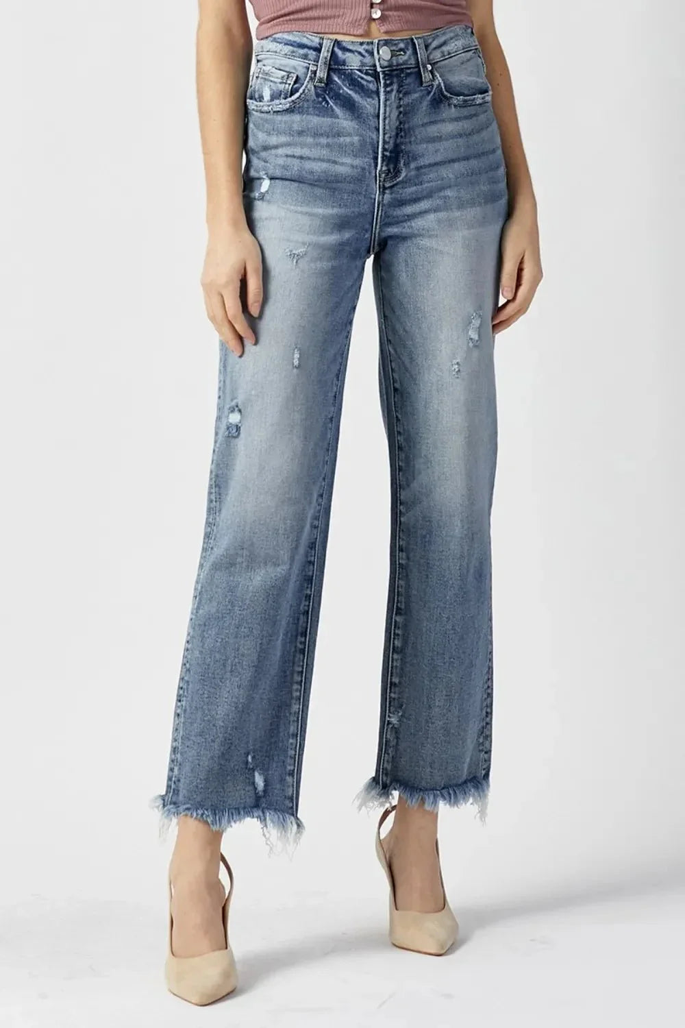 RISEN High Waist Raw Hem Straight Jeans - VILLA FASHION