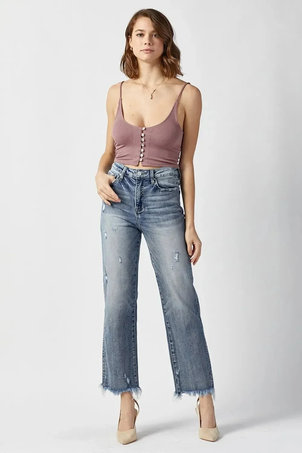 RISEN High Waist Raw Hem Straight Jeans - VILLA FASHION