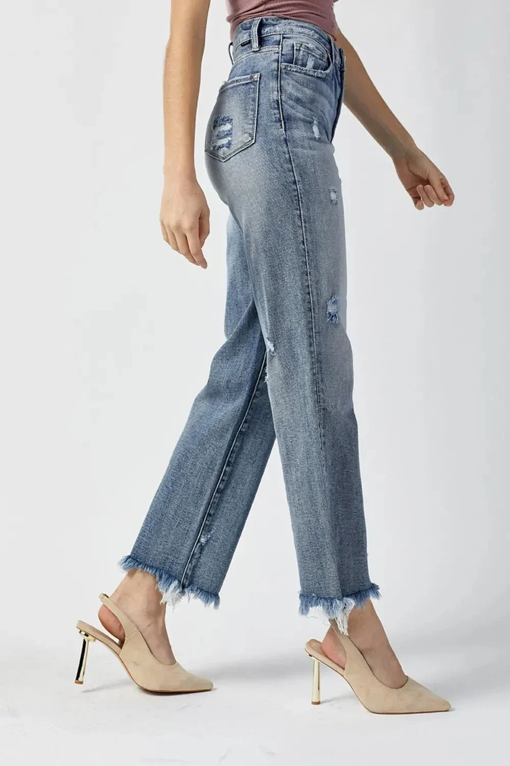 RISEN High Waist Raw Hem Straight Jeans - VILLA FASHION