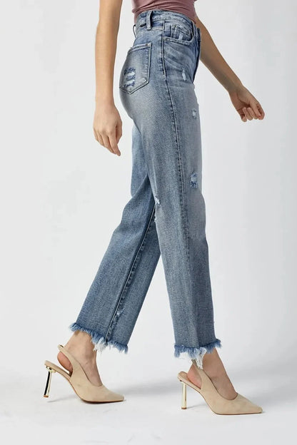 RISEN High Waist Raw Hem Straight Jeans - VILLA FASHION