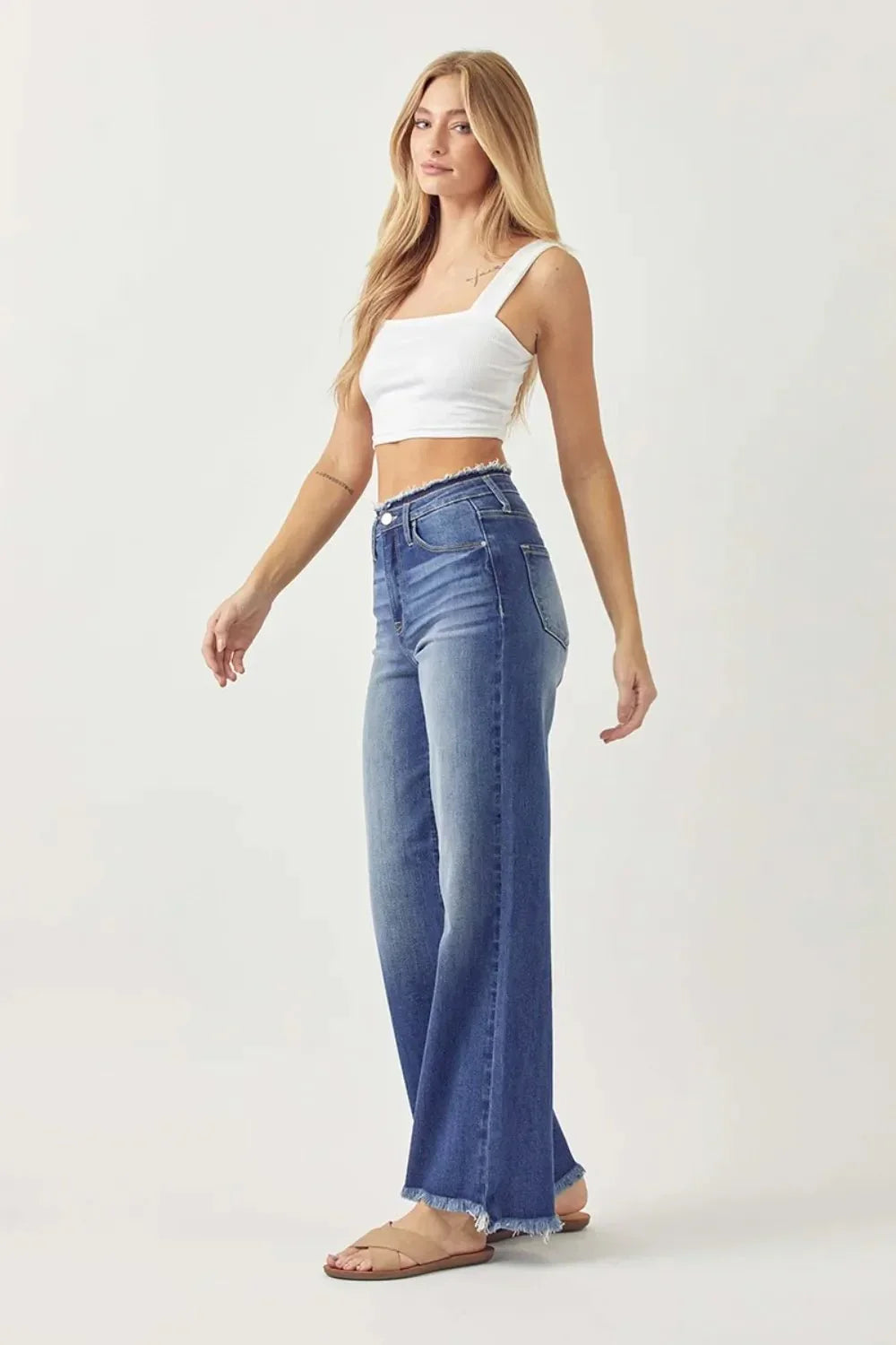 RISEN High Waist Raw Hem Wide Leg Jeans - VILLA FASHION