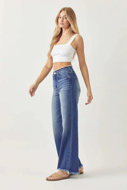 RISEN High Waist Raw Hem Wide Leg Jeans - VILLA FASHION