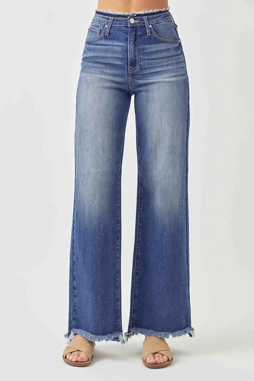 RISEN High Waist Raw Hem Wide Leg Jeans - VILLA FASHION