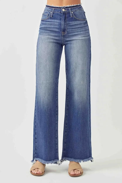 RISEN High Waist Raw Hem Wide Leg Jeans - VILLA FASHION