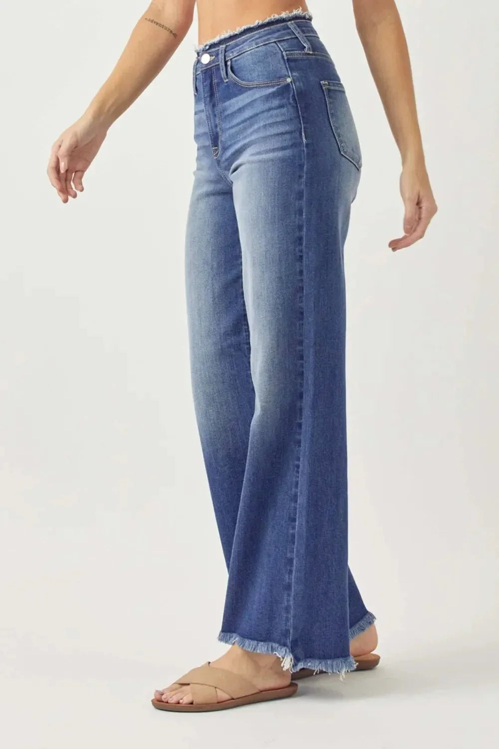 RISEN High Waist Raw Hem Wide Leg Jeans - VILLA FASHION