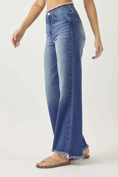 RISEN High Waist Raw Hem Wide Leg Jeans - VILLA FASHION