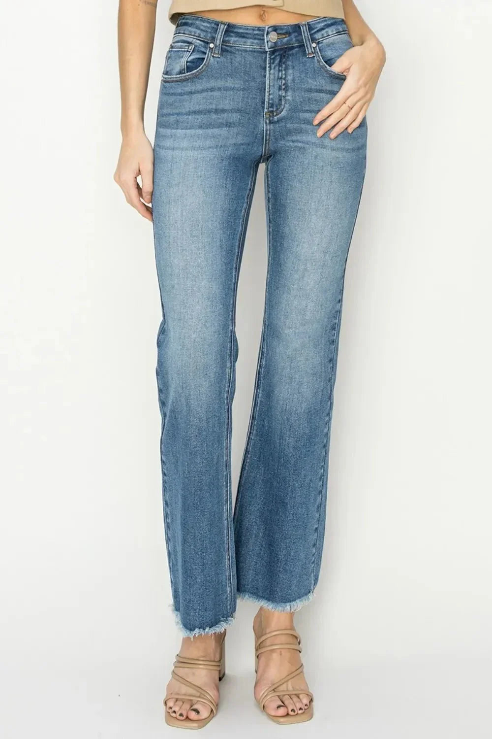 RISEN Mid - Rise Frayed Hem Bootcut Jeans - VILLA FASHION