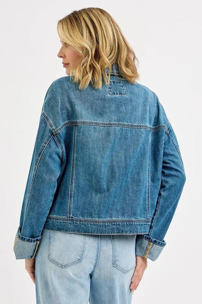RISEN Oversized Cargo Pocket Denim Jacket with Cuffed Sleeves - VILLA FASHION