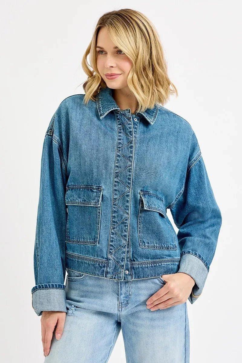 RISEN Oversized Cargo Pocket Denim Jacket with Cuffed Sleeves - VILLA FASHION