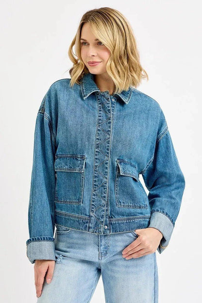 RISEN Oversized Cargo Pocket Denim Jacket with Cuffed Sleeves - VILLA FASHION