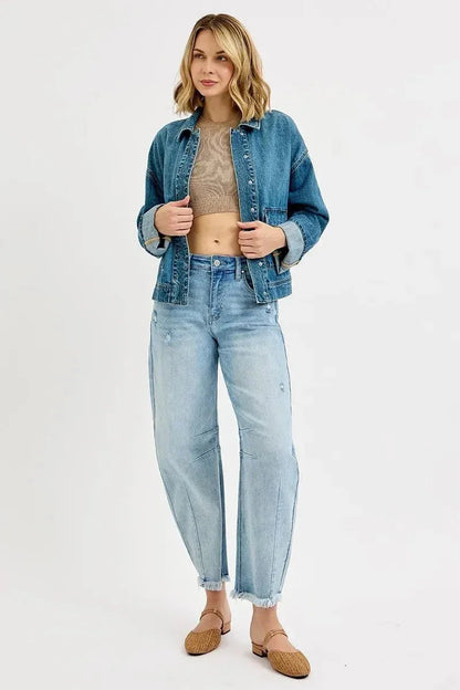 RISEN Oversized Cargo Pocket Denim Jacket with Cuffed Sleeves - VILLA FASHION