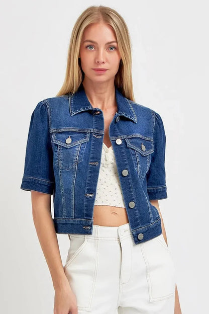 RISEN Puffed Short Sleeve Crop Denim Jackets - VILLA FASHION