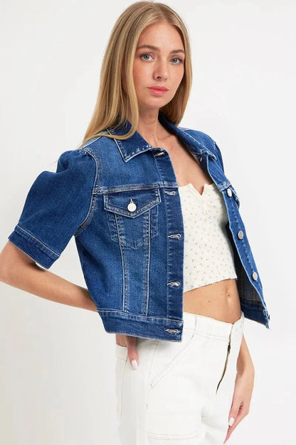 RISEN Puffed Short Sleeve Crop Denim Jackets - VILLA FASHION
