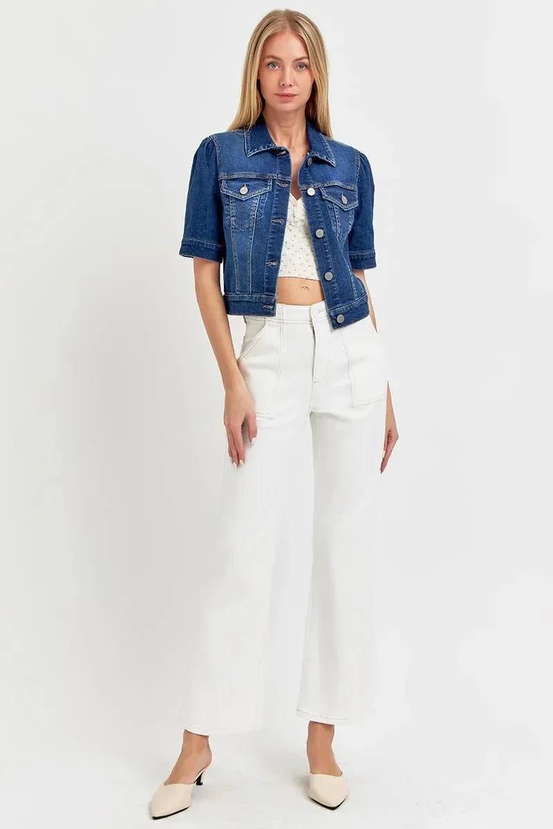RISEN Puffed Short Sleeve Crop Denim Jackets - VILLA FASHION