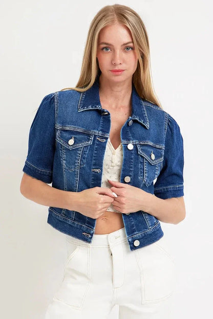 RISEN Puffed Short Sleeve Crop Denim Jackets - VILLA FASHION