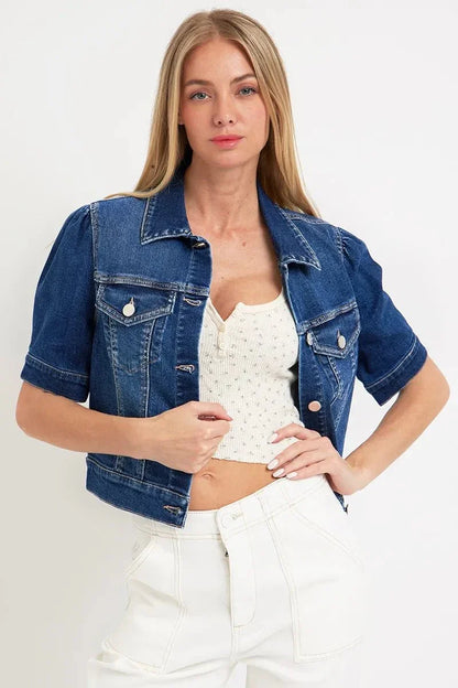 RISEN Puffed Short Sleeve Crop Denim Jackets - VILLA FASHION
