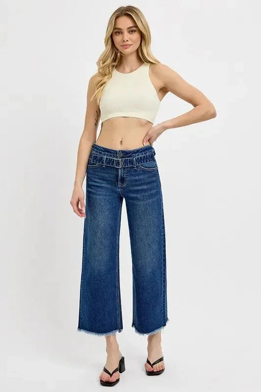 RISEN Raw Hem Wide Leg Attached Buckle Jeans - VILLA FASHION