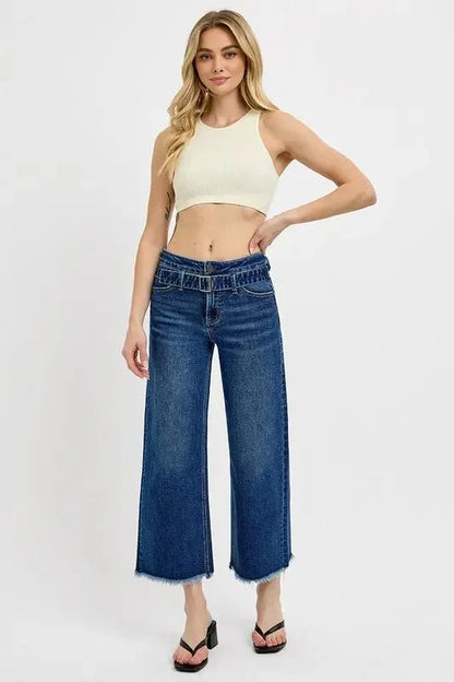 RISEN Raw Hem Wide Leg Attached Buckle Jeans - VILLA FASHION