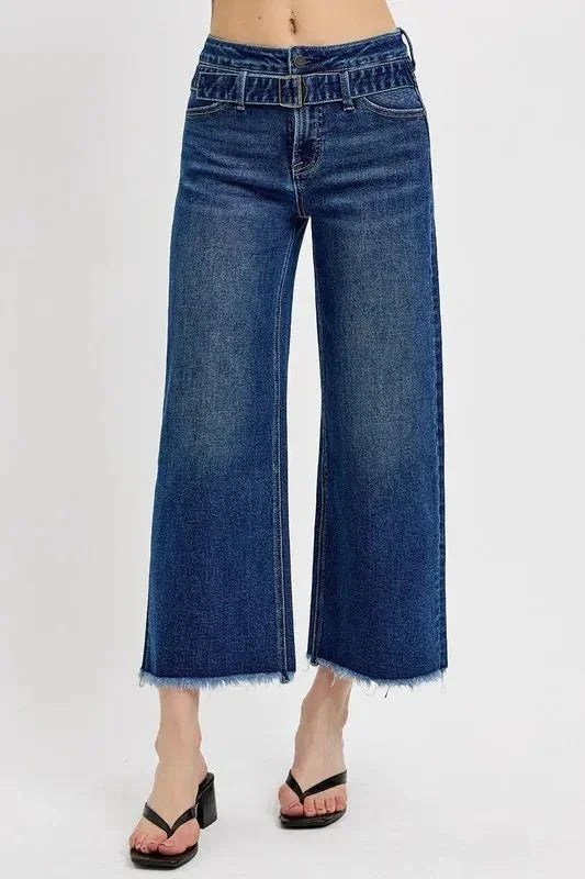 RISEN Raw Hem Wide Leg Attached Buckle Jeans - VILLA FASHION