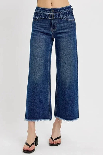 RISEN Raw Hem Wide Leg Attached Buckle Jeans - VILLA FASHION