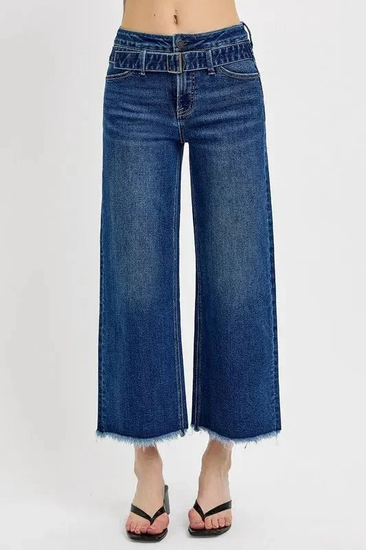 RISEN Raw Hem Wide Leg Attached Buckle Jeans - VILLA FASHION