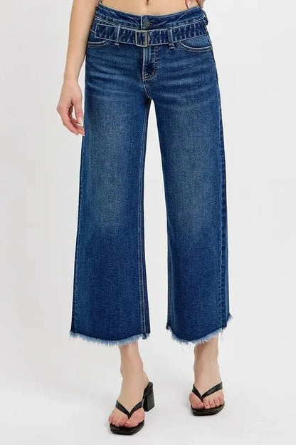 RISEN Raw Hem Wide Leg Attached Buckle Jeans - VILLA FASHION