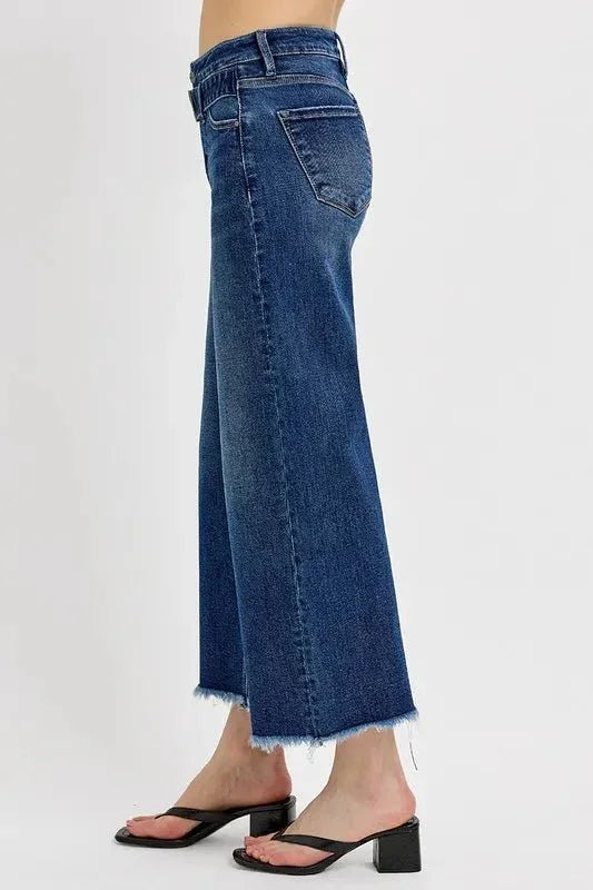 RISEN Raw Hem Wide Leg Attached Buckle Jeans - VILLA FASHION