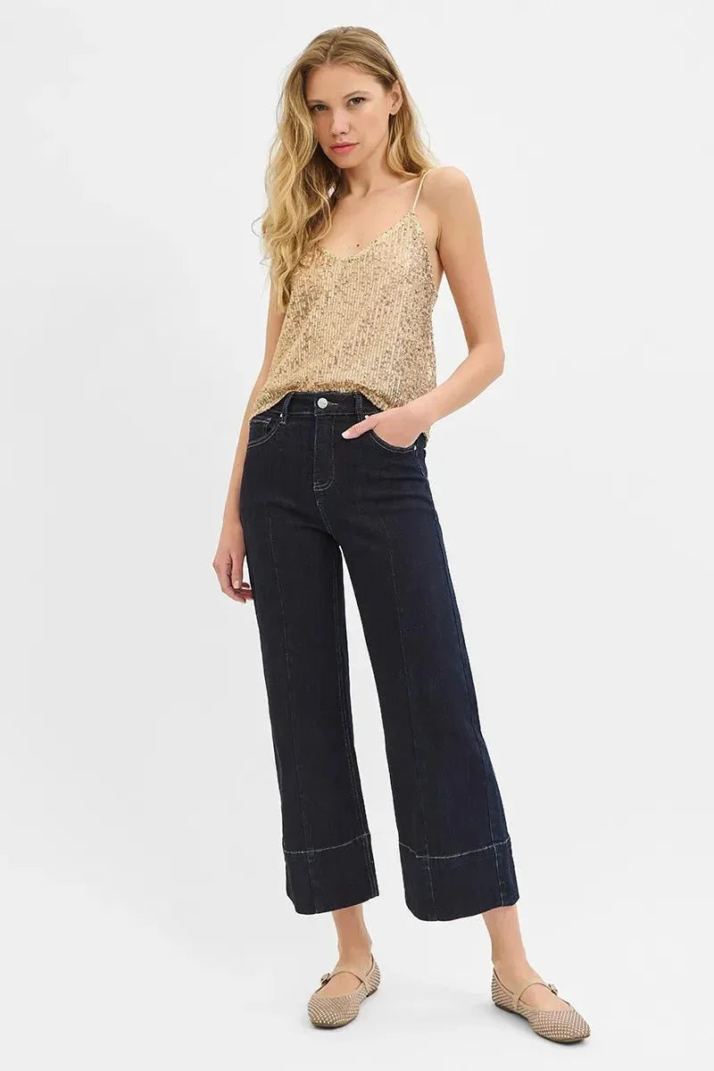 RISEN Tummy Control High Rise Crop Wide Seam Detailed Jeans - VILLA FASHION
