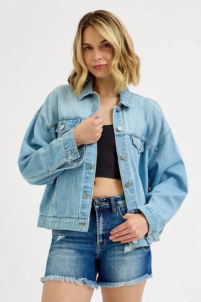 RISEN Washed Dropped Shoulder Denim Jacket - VILLA FASHION