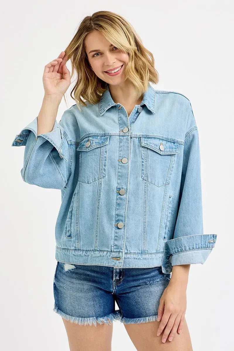 RISEN Washed Dropped Shoulder Denim Jacket - VILLA FASHION