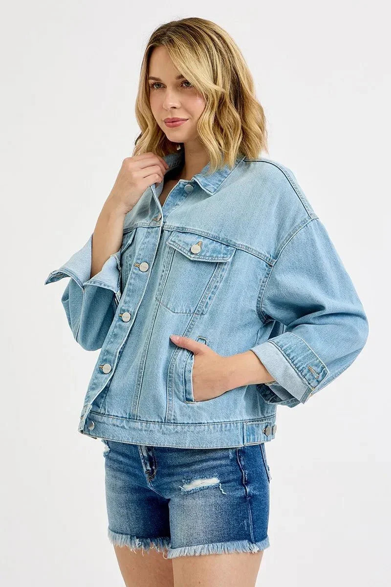 RISEN Washed Dropped Shoulder Denim Jacket - VILLA FASHION