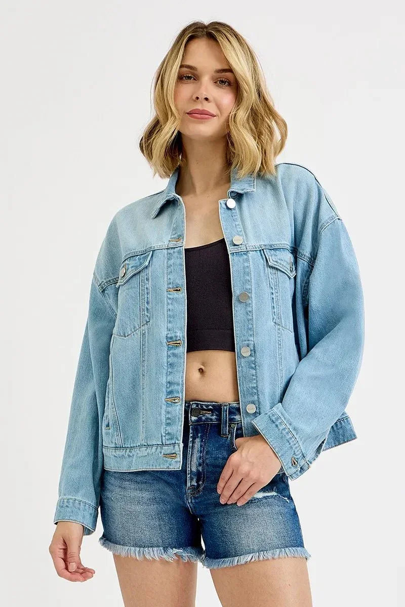 RISEN Washed Dropped Shoulder Denim Jacket - VILLA FASHION