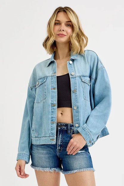 RISEN Washed Dropped Shoulder Denim Jacket - VILLA FASHION