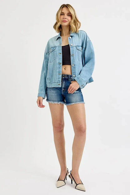 RISEN Washed Dropped Shoulder Denim Jacket - VILLA FASHION