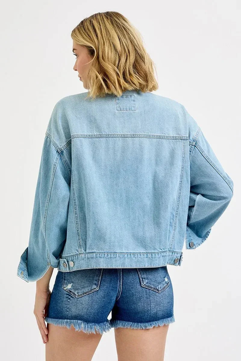 RISEN Washed Dropped Shoulder Denim Jacket - VILLA FASHION